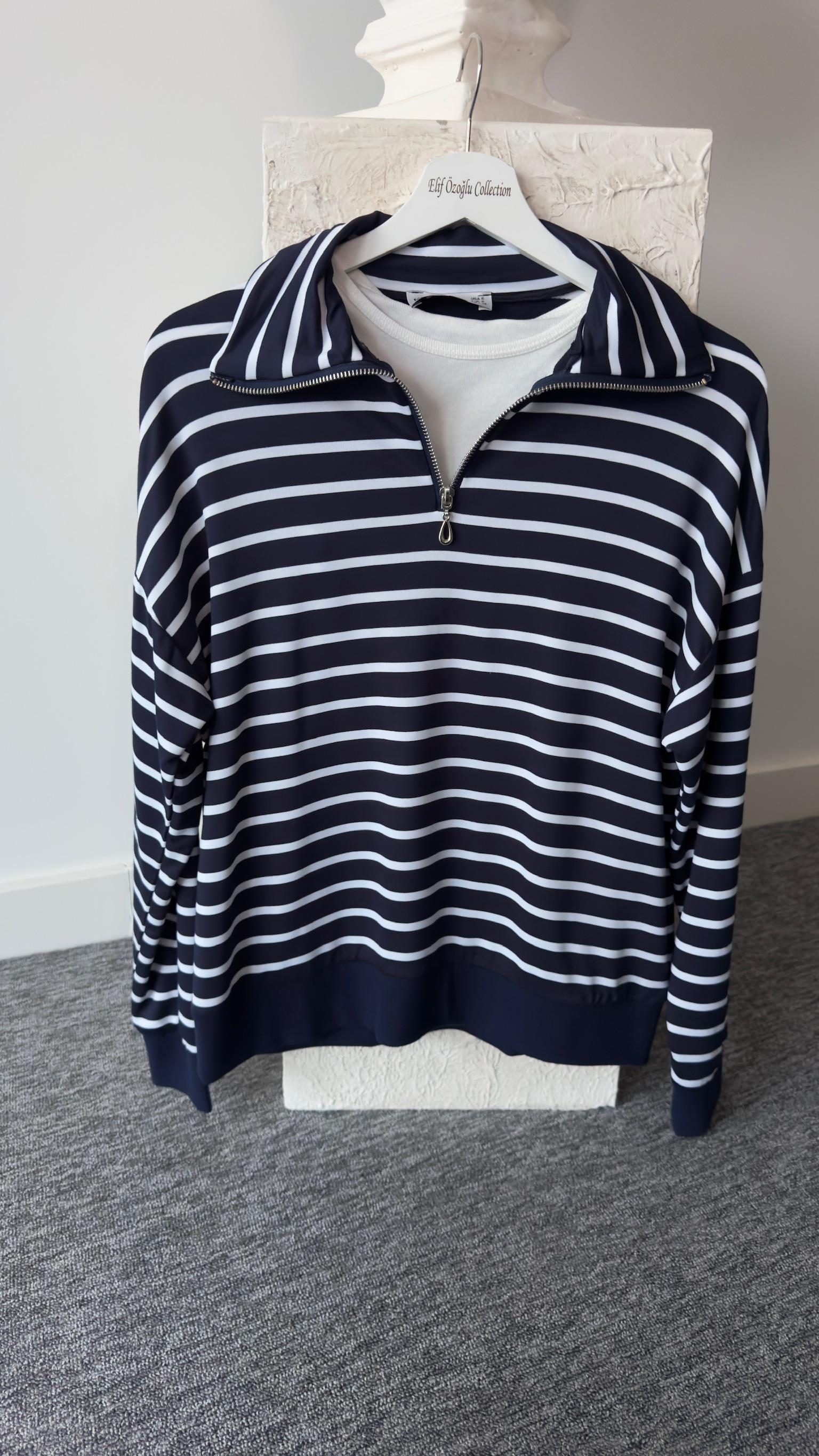 Çizgili Fermuar Detay Laci Sweatshirt