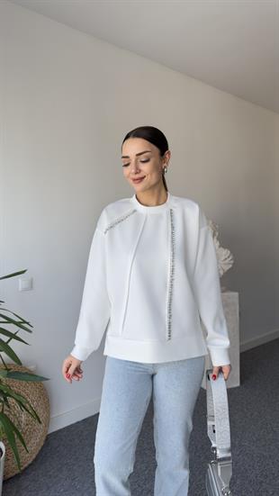 Dalgıç Kumaş Taş Detay Beyaz Sweat