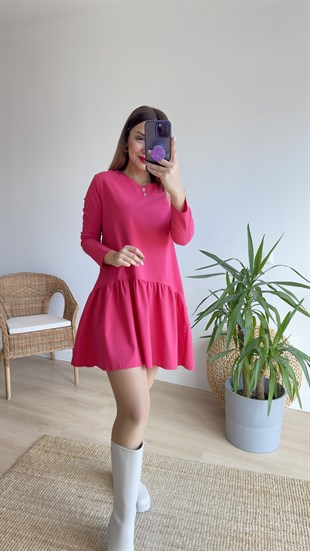 Uzun Kol Pembe Basic Elbise 