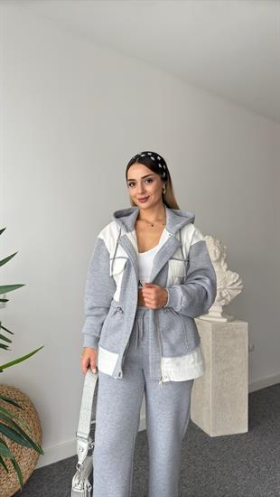 Beyaz Gabardin Garnili Şardonlu Gri Eşofman Takımı