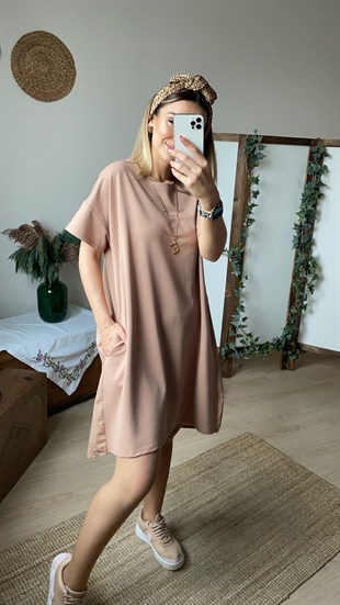 Kahve Poplin Detaylı Cepli Basic Elbise