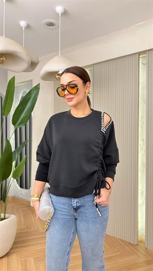 Siyah Taş Detay Büzgülü Modal Sweat