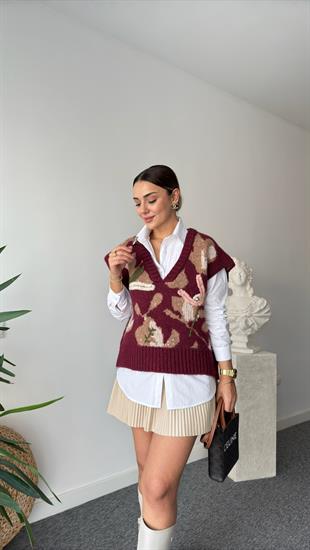 Bordo Nakışlı Karışık Desen Süveter Gömlek İkili Takım