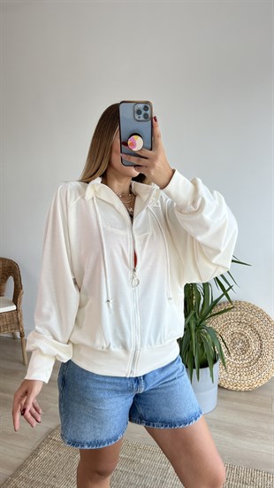 Dik Yaka Fermuarlı Ekru Sweat