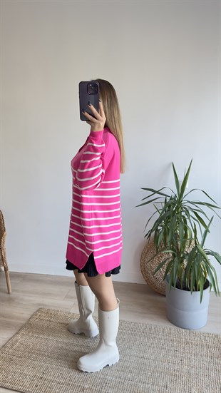 Polo Yaka İnce Çizgili Pembe Triko