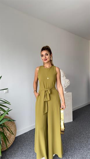 Carta Kuşaklı Olive Bol Paça Tulum