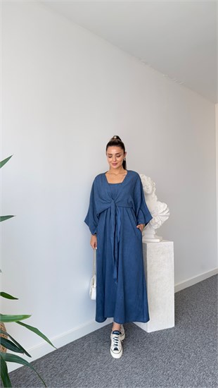 Lacivert Loter Bluz Elbise İkili Takım