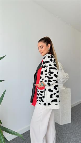 Deri Detaylı Tasarım Leopar Desen Hırka 