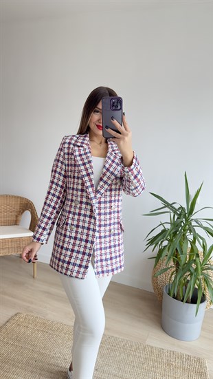 Kırmızı Mavi Ekoseli Blazer Ceket 