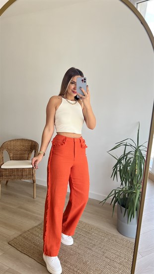 Püskül Detaylı Turuncu Tasarım Pantolon