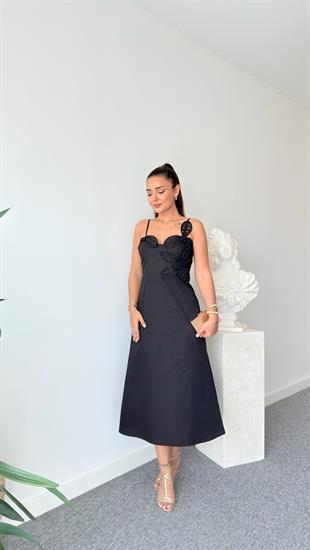 Salovi Çiçek Nakışlı Siyah Elbise