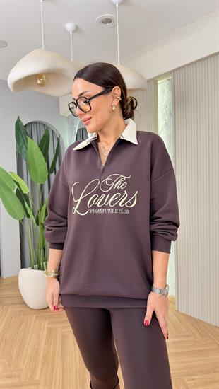 Nakış Yazı Detaylı Yarım Fermuar Kahve Sweatshirt