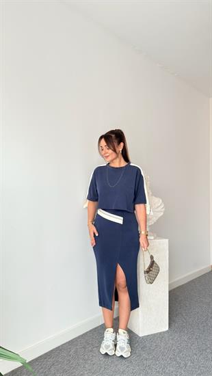 Lacivert Chima Şerit Detaylı Etekli Modal Takım 