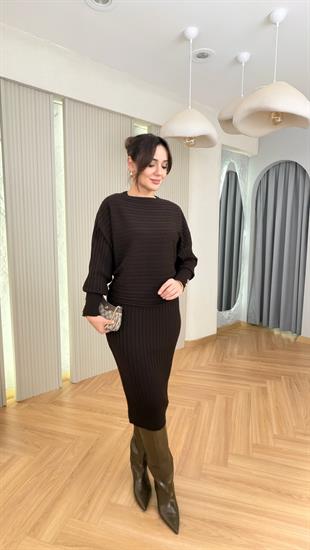 Fiana Kahve Bluz Elbise Triko Takım