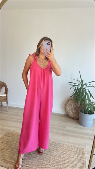 Ayarlanabilir Askılı Pembe Bol Keten Tulum