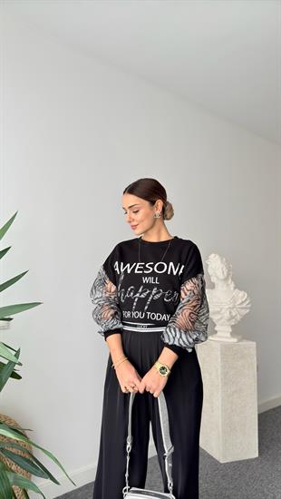 Fironi Kollar Organze Yazılı Siyah Sweat