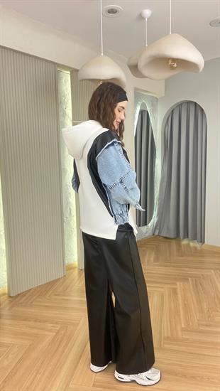 Beyaz Kot Ve Deri Garnili Kapüşonlu Sweatshirt