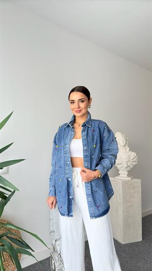 Renkli Taş İşlemeli Mavi Jean Ceket