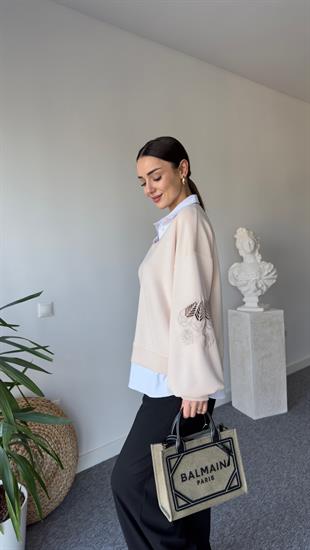 Gömlek Detaylı Kollar Aplikeli Bej Modal Sweat