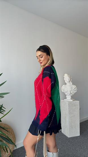 Kırmızı Yeşil Baklava Desenli Kazak