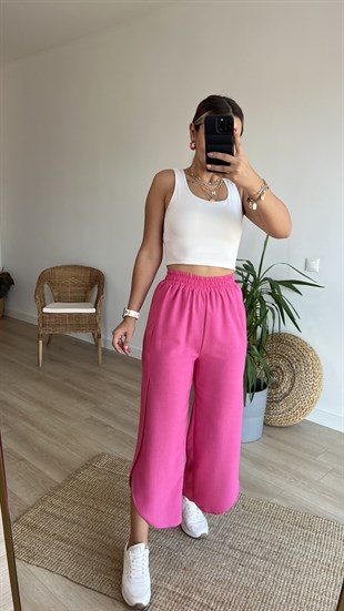 Şeker Pembe Yırtmaçlı Keten Pantolon