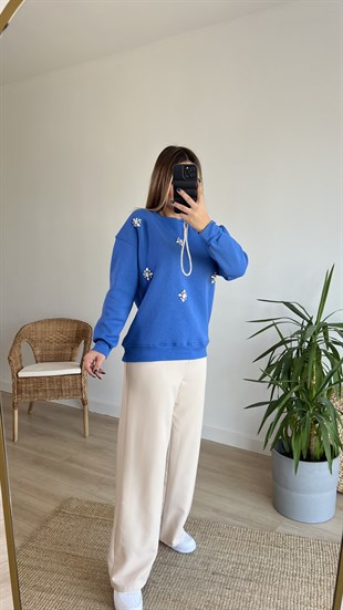 Şardonlu Mavi Taşlı Sweat
