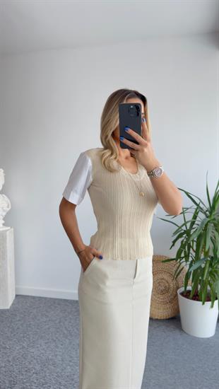 Kollar Poplin Detay Bej Orj Model Bluz