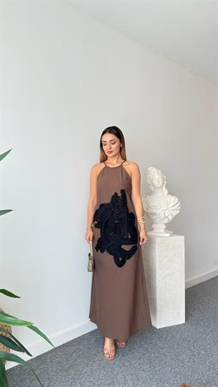 Kahve Sovia Önü İşlemeli Elbise 