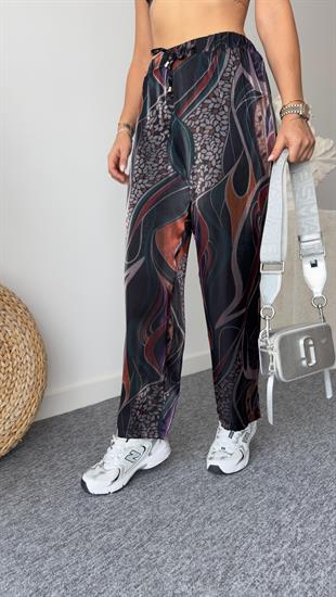Melda Bel Lastikli Desenli Saten Pantolon