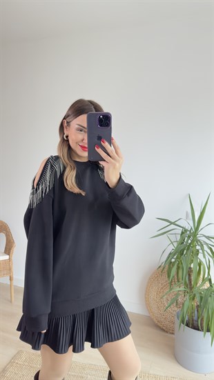 Omuzları Zincir Detaylı Şardonlu Siyah Sweat