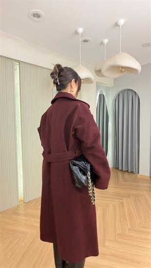 Bordo Liche Kuşaklı Kaşe Kaban