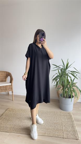 Oversize Siyah Kapüşonlu Elbise 