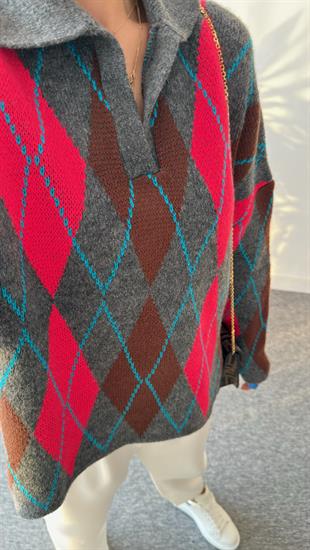 Gabriela Polo Yaka Renkli Baklava Desenli Kazak