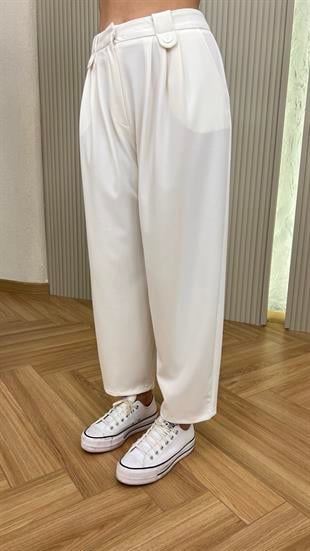 Melida Pile Detaylı Beyaz Balon Model Pantolon