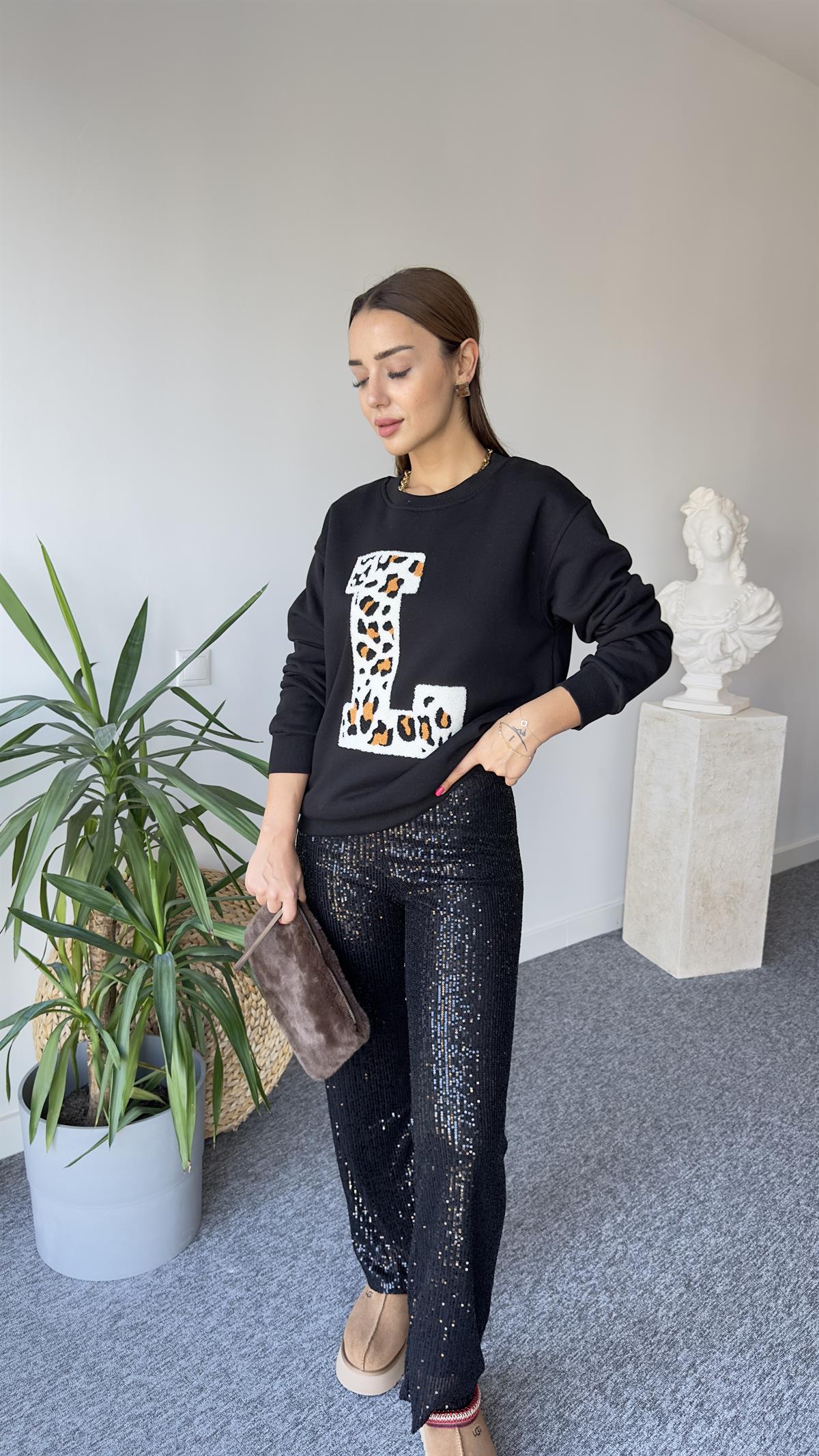 L Baskı Leopar Detay Siyah Zra Sweat