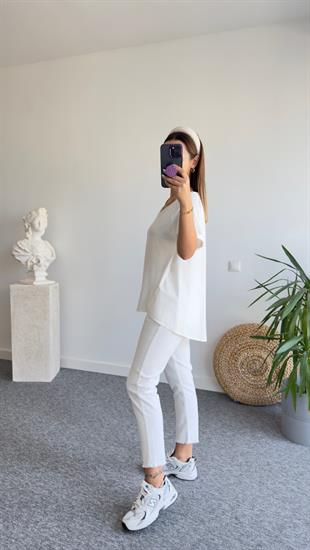 V Yaka Arkası Poplin Beyaz Tshirt