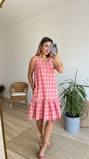 Pembe Desenli Cepli Keten Elbise