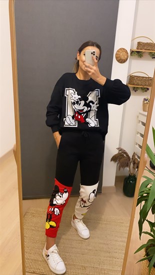 Çift Renkli Siyah Mickey Eşofman Altı