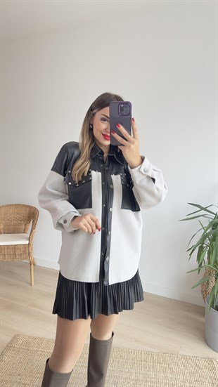 Deri Ve Zımba Detaylı Gri Kaşe Ceket