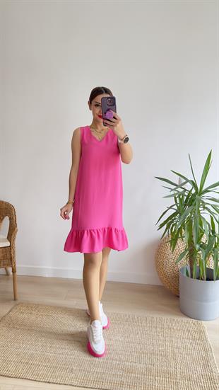Vita V Yaka Kolsuz Pembe Basic Elbise 