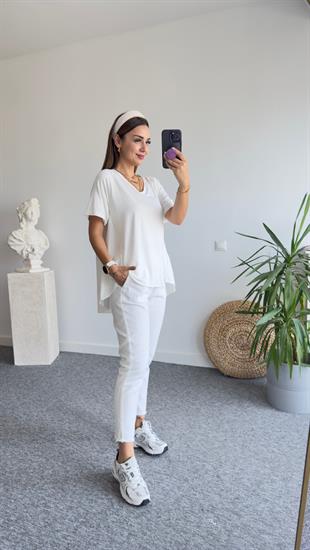 V Yaka Arkası Poplin Beyaz Tshirt