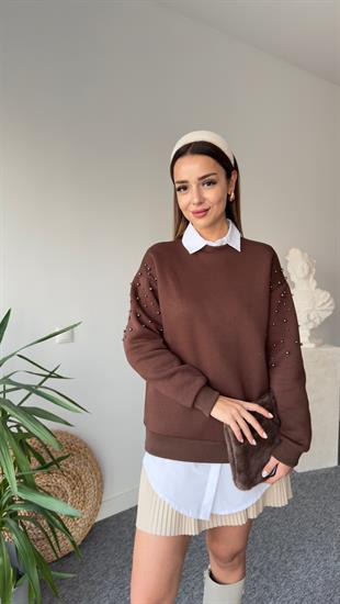 Kahve Kollar Boncuk Detay Sweat