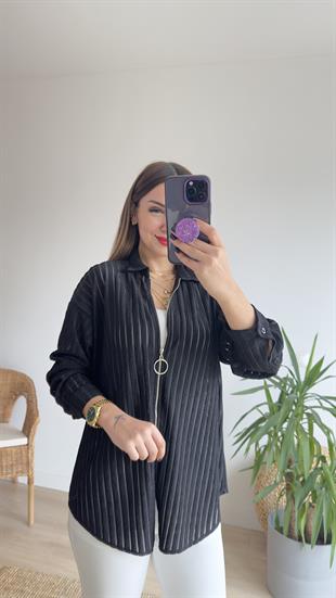 Fermuarlı Şerit Detay Siyah Ceket