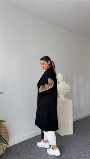 Marike Orj Model Yazı Detaylı Astarlı Siyah Kaban