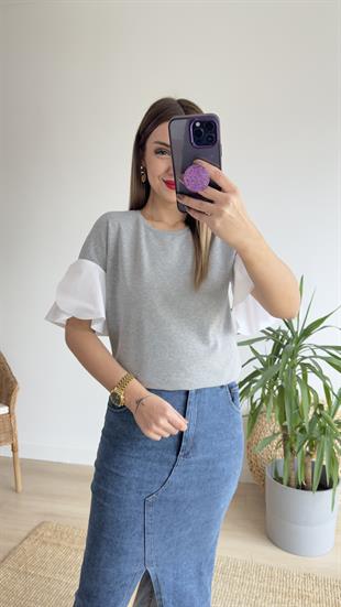 Kolları Poplin Gri Basic Tshirt