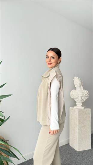 Bej Orj Marka Paraşüt Detaylı Yelekli Modal Takım