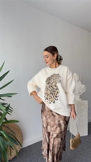 Naji Leopar Baskılı Bej Sweatshirt