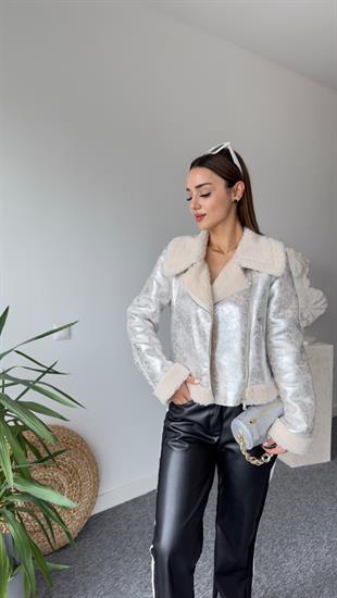 Gümüş Varaklı İçi Kürklü Biker Mont