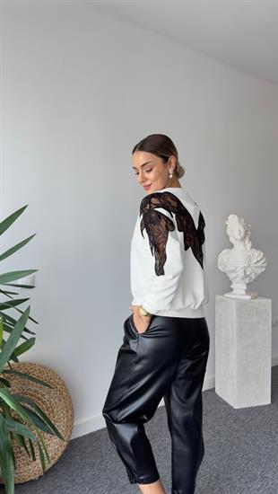 Lazer Güpür Nakışlı Beyaz Modal Sweat