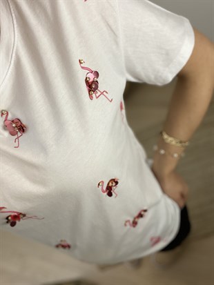 Beyaz Flamingo Detaylı Tshirt